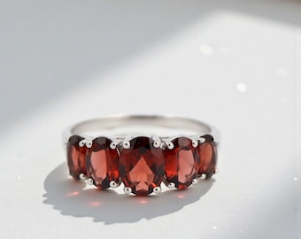 925 Sterling Silver 5 Stone Oval Gemstone Rings - Garnet, Amethyst, Aquamarine, Blue Sapphire, Green or Smoky Quartz