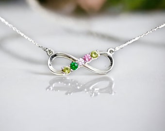 Infinity Birthstone Pendant Necklace with 1 2 3 4 or 5 Stones and Chain - Sterling Silver or Solid 14k White Yellow or Rose Gold