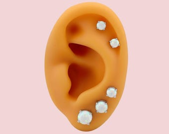 White Opal Stud .925 Sterling Silver Earrings - 3mm, 4mm, 5mm, 6mm or 7mm - Cabochon Cut Lab-Created Opal | October Birthstone