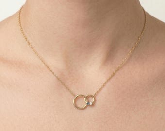 Mother's Family 2mm Round Birthstone Interlocking Double Circle Necklace | Sterling Silver or 14k Gold