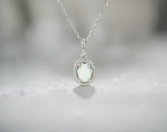 Sterling Silver White Opal Lab-Grown Opal & Genuine Diamond Accented Halo Style Pendant 18" Necklace