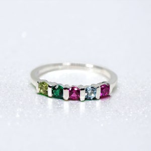 Personalized 1 2 3 4 5 Birthstone Channel Set Mother&#39;s Family Round Ring Sterling Silver; Solid 10k or 14k White Yellow or Rose Gold