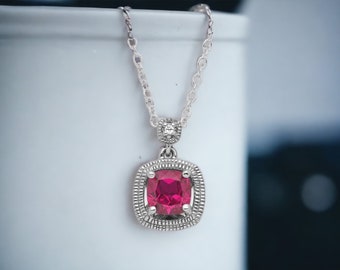 Sterling Silver Cushion Cut Created Ruby 18” Necklace