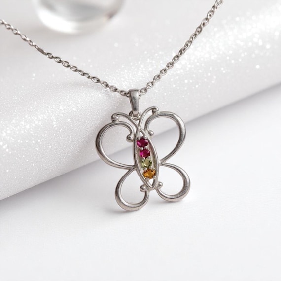 Butterfly Mother's Family Birthstone Pendant or Necklace, Personalized in 925 Sterling Silver or Solid 10k or 14k Gold
