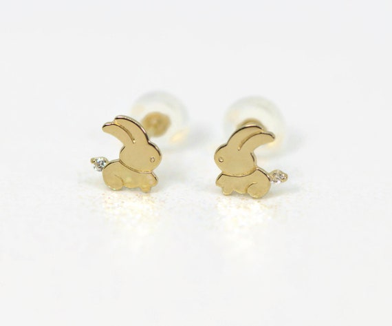 Round Cut White Cubic Zirconia Bunny Rabbit Dangle Stud Earring In 14K Yellow Gold Over Sterling Silver