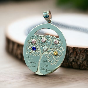 1 2 3 4 5 or 6 Birthstones and Engraved Names Personalized Round Open Tree of Life Oval Mother's Grandmother's Family Pendant