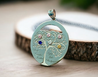 1 2 3 4 5 or 6 Birthstones and Engraved Names Personalized Round Open Tree of Life Oval Mother's Grandmother's Family Pendant