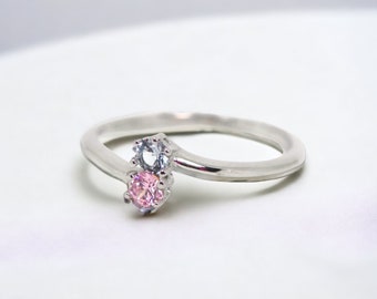 14k White or Yellow Gold Solid Petite Personalized 2-Stone Birthstone Ring for Couples or Mother