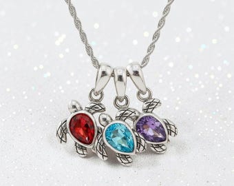 12 Birthstone Options |Sterling Silver Birthstone Turtle Pendant