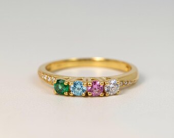 14k White or Yellow Gold Solid Personalized Family Birthstone Genuine Natural Diamond Accented Mother's Ring with 1 2 3 or 4 Stones