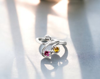 Swirl Statement Mother's Family Birthstone Ring with 1 2 3 4 Stones Sterling Silver; Continuum S; Solid 10k, 14k White, Yellow or Rose Gold