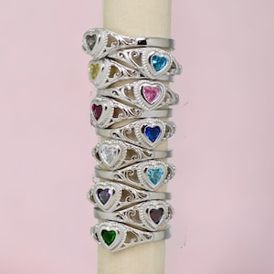 Sterling Silver Children's Birthstone CZ Heart Filigree Ring Various Colors and Sizes Available image 1