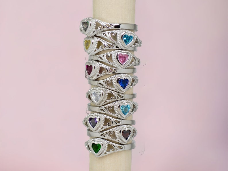 Sterling Silver Children's Birthstone CZ Heart Filigree Ring Various Colors and Sizes Available image 1