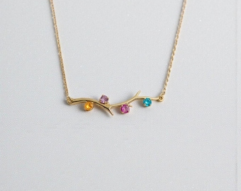 Personalized Birthstone Family Branch Necklace with 1, 2, 3, 4 5 Stones in Sterling Silver; Solid 14k White Yellow or Rose Gold or Platinum