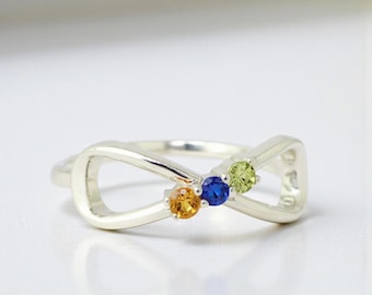 Personalized Infinity Birthstone Ring Birthstones for Family Mother or Couples Sterling Silver or Solid 10k 14k White Yellow or Rose Gold
