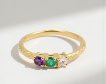 Personalized Twisted Roped Band Mother's Family Birthstone Ring 2 or 3 Stones Sterling Silver or Solid 10k 14k White Yellow or Rose Gold