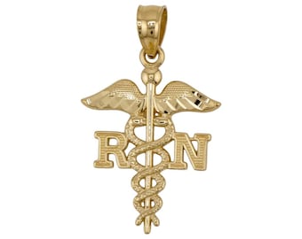 14k Yellow Gold Solid Diamond Cut Registered Nurse RN Pendant - 14K Gold Charm - Texture Design - Solid Gold Jewelry - Charm