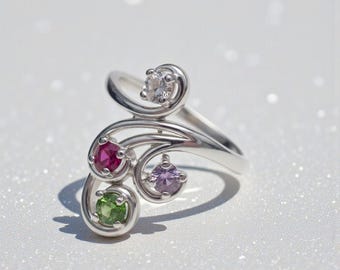 Swirl Statement Mother's Family Birthstone Ring with 1 2 3 4 Stones Sterling Silver; Continuum S; Solid 10k, 14k White, Yellow or Rose Gold