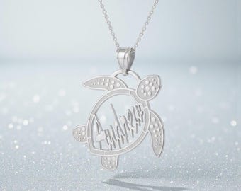 Personalized Sea Turtle with Name Pendant - Metal Material Choices - Pendant Size 27X27Mm - Made In The USA