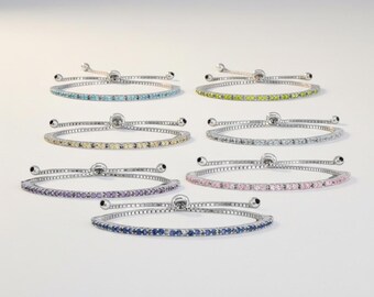 Sterling Silver Birthstone CZ Adjustable Bolo Slide Closure Tennis Bracelets | 12 Birthstone Options