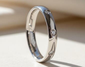 Domed White Tungsten Wedding Band with 3 Natural  Bezel Set Diamonds - 4mm - Isabella