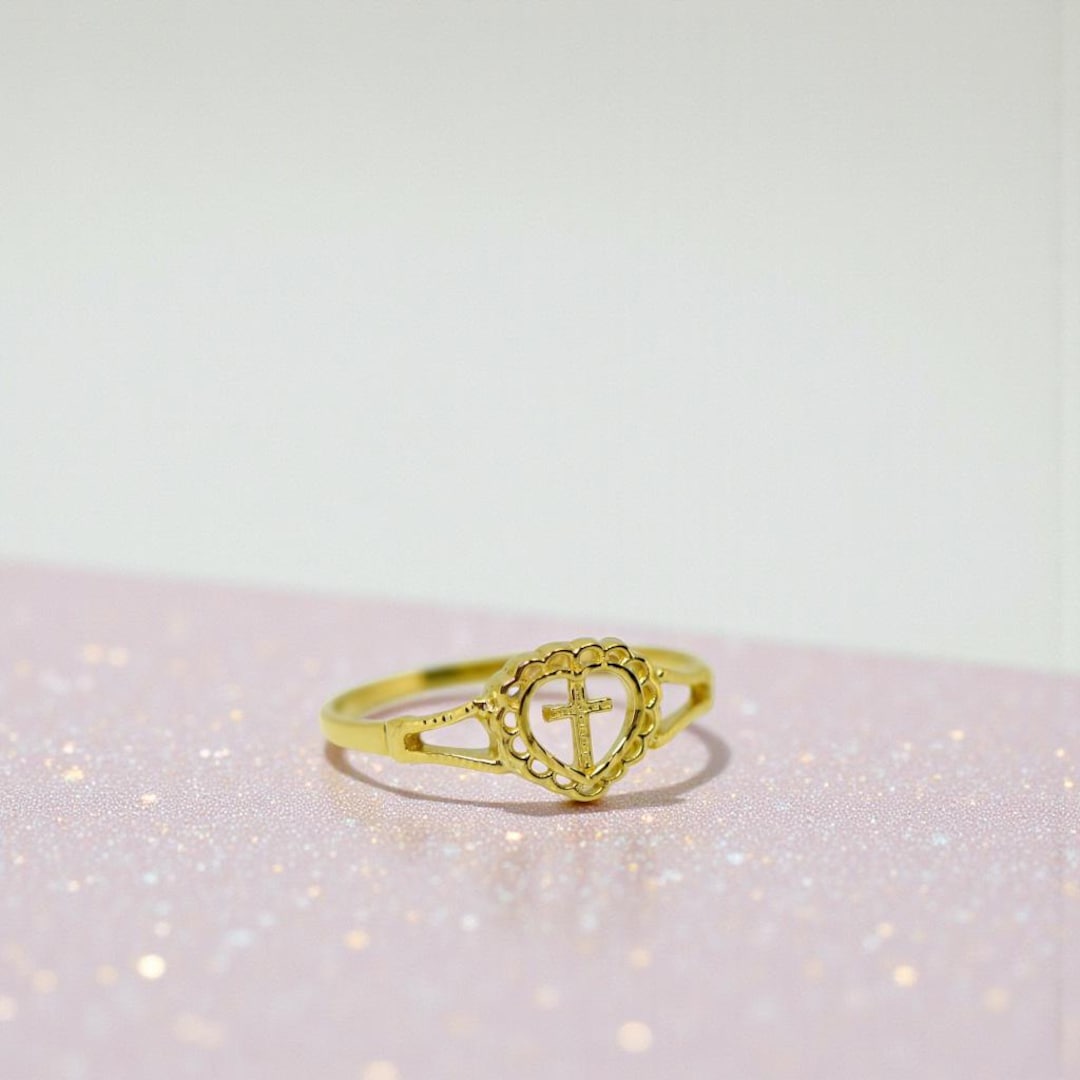 10k or 14k Yellow Gold Baby Children's Ring With Diamond-cut Heart and ...