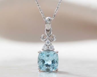 Sterling Silver Cushion Square Blue Topaz and White Topaz Pendant