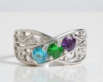 Filigree Mother's Family Infinity Birthstone Ring 1 2 3 4 or 5 Stones in Sterling Silver; Continuum S; Solid 10k, 14k White Yellow Rose Gold