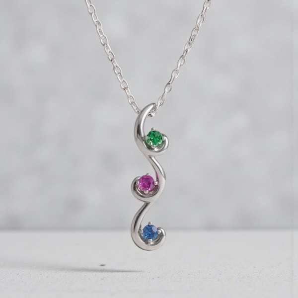 Mother's Family Birthstone Pendant or Necklace, Personalized Swirl Design - 925 Sterling Silver or Solid 10k or 14k Gold