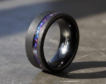 Sandblasted Black Tungsten Ring with Crushed Alexandrite and Dark Blue & Purple Crushed Goldstone - 8mm - Mirage - Wedding Band