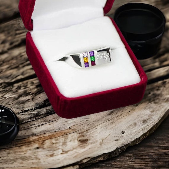 Personalized Round Stone Father's Family Square Top Signet Ring Personalized Round Stone Father's Family Square Top Signet Ring