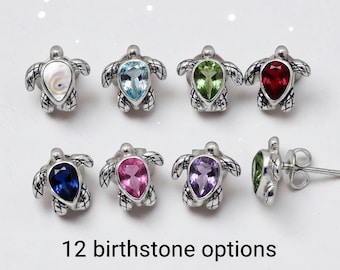 12 Birthstone Options | Sterling Silver Birthstone Turtle Stud Earrings