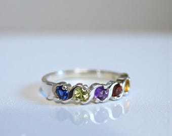 1 2 3 4 or 5 Stone .925 Sterling Silver or Solid 10k or 14k Gold Personalized Curved Swirl Set Mother's Family Stone Custom Birthstone Ring