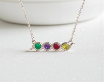 Personalized Bezel Swirl Bar Set Family Birthstone Mother's 18" Necklace 1 2 3 4 5 Stones Sterling Silver; Solid 14k White Yellow Rose Gold