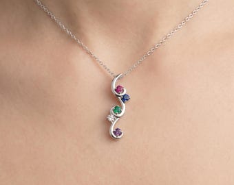 1 2 3 4 5 Stone Personalized Birthstone Vertical Swirl Family Mother's Pendant or Necklace 925 Sterling Silver or Solid 10k or 14k Gold