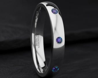 Alexandrite 3 Stone Polished Domed Tungsten Carbide Ring - 4mm - Alex - Wedding Band