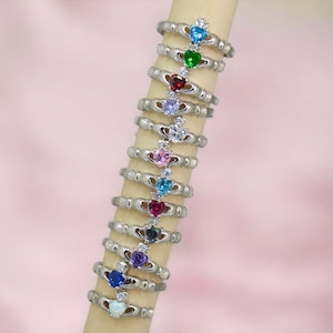 Sterling Silver Children&#39;s Small CZ Heart Simulated Birthstone Claddagh Ring