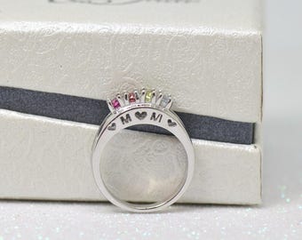 Sterling Silver Mom with Hearts Mother's Family 3mm Round Birthstone Ring up to 5 stones