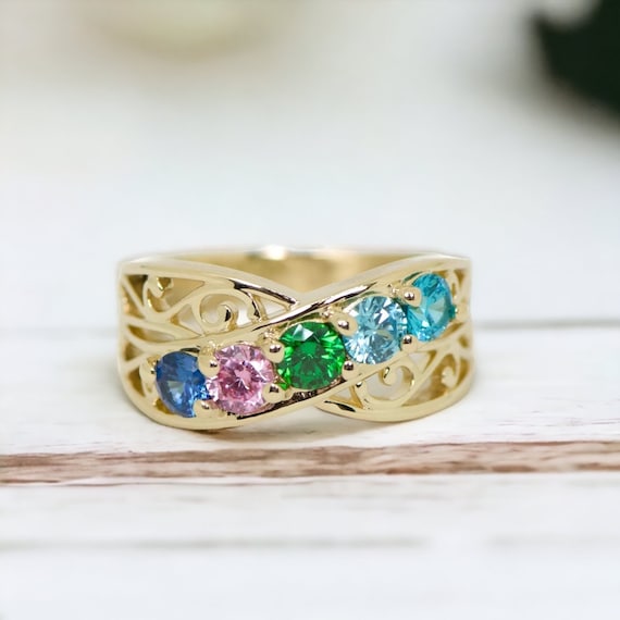 Personalized Filigree Mother s Family Birthstone Ring 1 2 3 4 5 Stones in Sterling Silver Continuum Solid 10k 14k White Yellow Rose Gold Etsy Canada