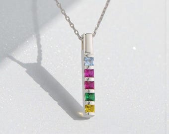Vertical Family Birthstone Pendant or Necklace Princess Cut Square Stones - 925 Sterling Silver or Solid 10k or 14k Gold