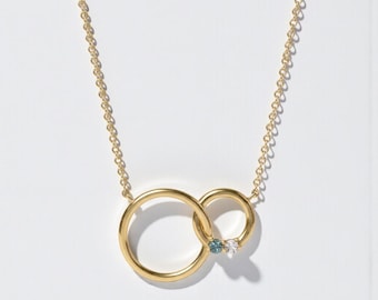 Mother's Family 2mm Round Birthstone Interlocking Double Circle Necklace | Sterling Silver or 14k Gold