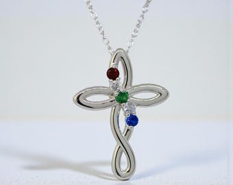1 2 3 4 or 5 Stone Personalized Cross Mother's Family Birthstone Pendant Sterling Silver 14k White Rose Yellow Gold | Chain Sold Separately
