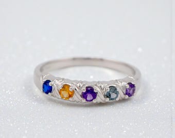 2 3 4 5 or 6 Stone Personalized Sterling Silver; Solid 10k 14k White or Yellow Gold Mothers Birthstone Ring