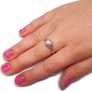 Sterling Silver Children's Birthstone CZ Heart Filigree Ring Various Colors and Sizes Available October - Light Pink