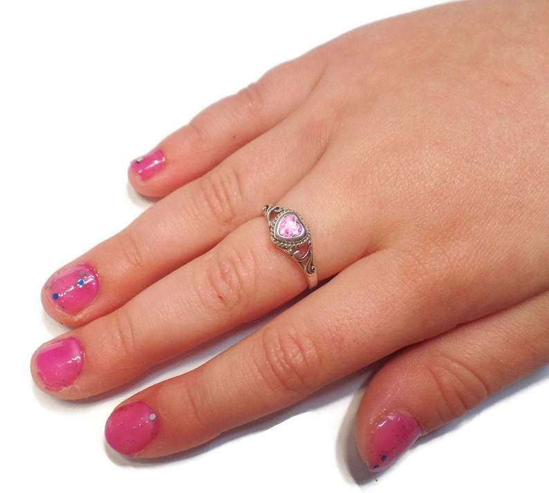 Sterling Silver Children's Birthstone CZ Heart Filigree Ring Various Colors and Sizes Available October - Light Pink