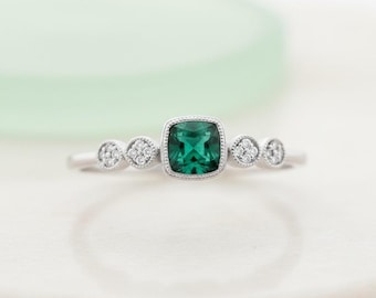 Sterling Silver Created Emerald & Natural Diamond Ring