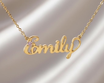 Birthstone Name Plate Necklace in Sterling Silver or Gold - Laser Cut Jewelry - Made in the USA - Personalized Custom Pendant - Cursive