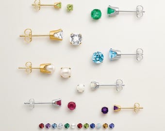 12 Birthstone Options | 14k Gold Round Genuine Stone Birthstone Stud Earrings - Various Sizes