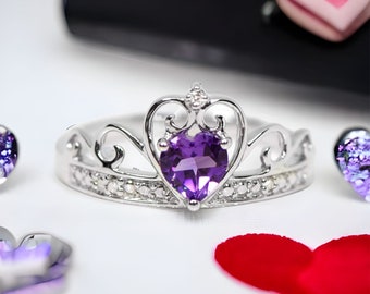 Sterling Silver Genuine Diamond And Heart Shaped Amethyst Princess Tiara Crown Ring