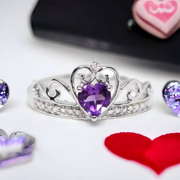 Sterling Silver Genuine Diamond And Heart Shaped Amethyst Princess Tiara Crown Ring